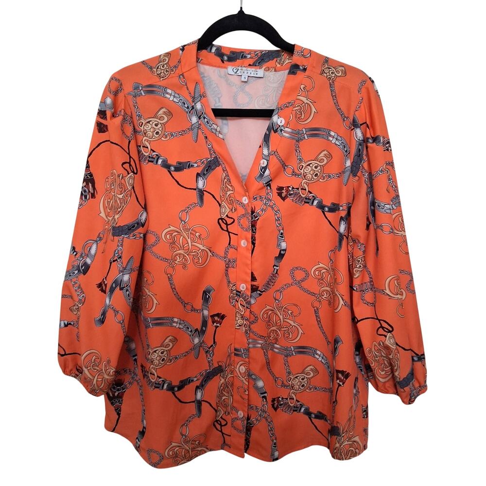 Collection by Cezele Orange Chain-Print Button-Front Blouse Women's Size S